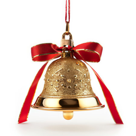 A sparkling golden Christmas bell with a red ribbon, isolated on white background.の素材
