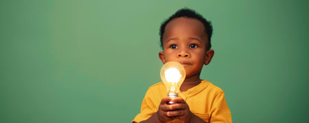 Toddler Black boy holding a lighting bulb in hands isolated on a green studio backgroundの素材