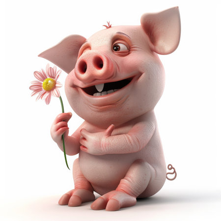 A cartoon 3D happy pig with a curly tail and a big grin, sitting and holding a flower, isolated on white background.の素材