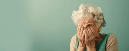 A senior woman crying, tears rolling down her face, on a pastel green studio background. The soft color adds a delicate touch to her visible grief.の素材