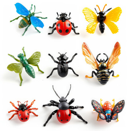 A set of plastic toy insects including a ladybug, butterfly, and spider, isolated on white background.の素材