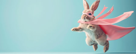 A superhero bunny in a pink cape and mask, jumping heroically on a light blue background. The bunny's strong pose and the calming colors create a charming and powerful image.の素材