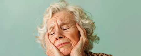 A senior woman crying, tears rolling down her face, on a pastel green studio background. The soft color adds a delicate touch to her visible grief.の素材