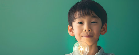 Teenager Japanese boy holding a lighting bulb in hands isolated on a green studio backgroundの素材