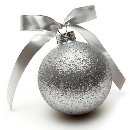 A shiny silver Christmas bauble with a festive ribbon, isolated on white background.の素材