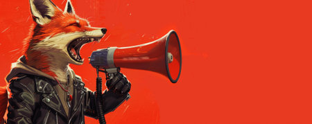 A hip fox in a leather jacket, using a megaphone on a bold red background. The fox's sly expression and the megaphone's loud call create a rebellious atmosphere.の素材