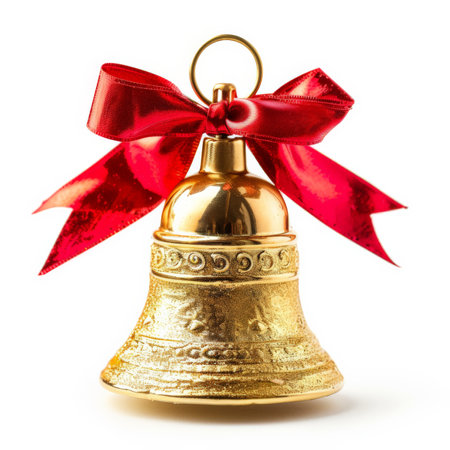 A glimmering gold Christmas bell with a festive red bow, isolated on white background.の素材