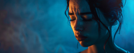 A young woman crying with tears streaming down her face, set against a deep blue studio background. The somber color enhances the raw emotion in her expression.の素材