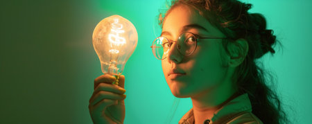 A teenager holding a brightly lit light bulb, isolated on a neon green studio background. The light reflects her energetic and vibrant personality.の素材