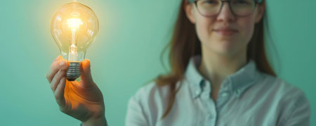 A senior woman holding a light bulb with a soft yellow glow, isolated on a pastel green studio background. The light creates a warm and comforting atmosphere.の素材