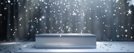 A sleek silver display podium with shiny crystal stars hovering above. The stars' shimmering light complements the silver tone, creating a sophisticated and modern look.の素材