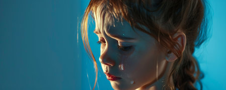 A young girl crying, tears rolling down her face, on a bright blue studio background. The vivid color contrasts with her sadness, highlighting her innocence.の素材