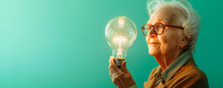 A senior woman holding a light bulb with a soft yellow glow, isolated on a pastel green studio background. The light creates a warm and comforting atmosphere.の素材