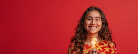 School-age Hispanic girl holding a lighting bulb in hands isolated on a red studio backgroundの素材