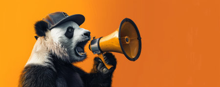 A hip panda with a baseball cap, shouting through a megaphone on an orange background. The megaphone enhances the panda's playful nature.の素材