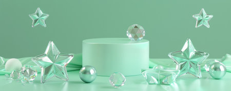 A soft seafoam green display podium adorned with shiny crystal stars. The stars' sparkling surfaces contrast beautifully with the gentle seafoam green hue, adding a touch of elegance and freshness.の素材