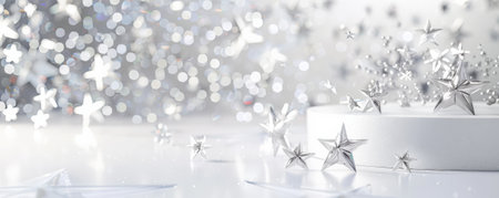 A serene white display podium adorned with shiny crystal stars. The stars' sparkling reflections create a pure and elegant atmosphere, complementing the clean white color.の素材