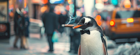A comical penguin in a bow tie, standing on a sidewalk and smoking a cigar. The penguin's dapper look and the busy city street create a whimsical image.の素材