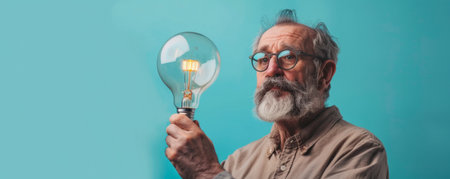 Middle-aged Caucasian man holding a lighting bulb in hands isolated on a blue studio backgroundの素材