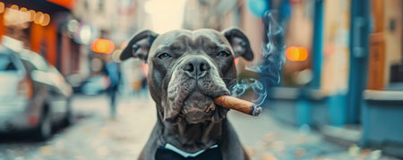 A quirky dog in a bow tie, standing on a sidewalk and smoking a cigar. The dog's dapper appearance and the city street background enhance the humorous scene.の素材