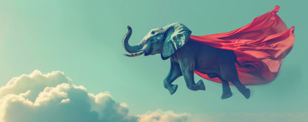 A superhero elephant in a red cape and mask, soaring gracefully on a light blue background. The elephant's impressive flight and the calming colors create a unique and powerful image.の素材