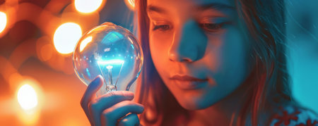 A teenage girl holding a light bulb with a soft blue glow, isolated on a warm orange studio background. The light creates a serene atmosphere.の素材