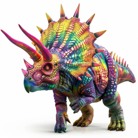 A colorful Triceratops with its three distinct horns and large frill, standing confidently, isolated on white background.の素材