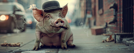 A comical pig in a bowler hat, sitting on a sidewalk and smoking a cigar. The pig's quirky look and the city street background create a whimsical image.の素材
