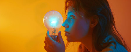 A teenage girl holding a light bulb with a soft blue glow, isolated on a warm orange studio background. The light creates a serene atmosphere.の素材