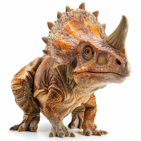 A playful Protoceratops with its small frill and beak-like mouth, appearing curious, isolated on white background.の素材