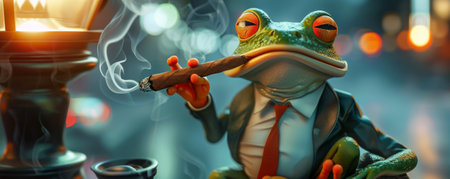 A funny frog in a business suit, perched on a streetlight and smoking a cigar. The frog's serious look and the urban street scene add a playful twist.の素材