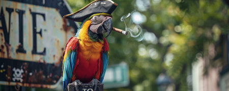 A funny parrot in a pirate hat, perched on a street sign and smoking a cigar. The colorful parrot and the urban street scene create a lively and amusing composition.の素材