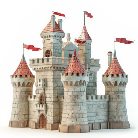 A toy castle with turrets and flags, isolated on white background.の素材