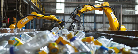 An advanced recycling plant with robotic arms sorting and processing plastics, metals, and glass, highlighting automation in recycling.の素材