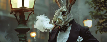 A comical rabbit in a tuxedo, leaning against a lamppost and smoking a cigar. The rabbit's formal attire and the urban street setting create a whimsical image.の素材