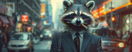 A quirky raccoon in a suit, standing on a street corner and smoking a cigar. The raccoon's dapper look and the busy city scene add a playful contrast.の素材
