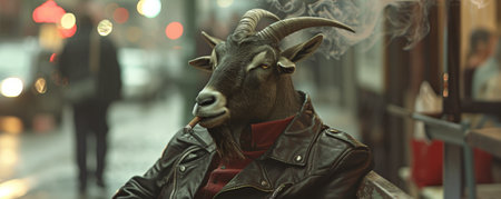 A quirky goat in a leather jacket, sitting on a bench and smoking a cigar on a busy street. The goat's cool demeanor and the urban backdrop add a playful touch.の素材