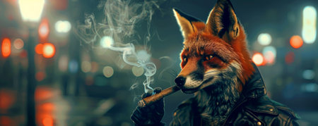 A whimsical fox in a leather jacket, standing under a streetlight and smoking a cigar. The fox's sly expression and the nighttime cityscape create a cool and funny image.の素材