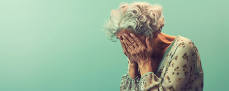 A senior woman crying, tears rolling down her face, on a pastel green studio background. The soft color adds a delicate touch to her visible grief.の素材