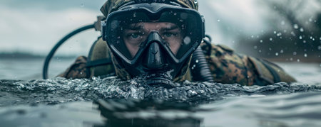A military banner featuring a combat diver emerging from the water, equipped with underwater gear, highlighting specialized training and readiness.の素材
