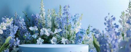 A flower display podium surrounded by delicate bluebells, their soft blue color providing a serene and calming effect.の素材