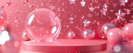 A radiant coral pink display podium with shiny crystal stars floating above. The stars' sparkling reflections enhance the podium's vibrant coral pink hue, creating a lively and enchanting scene.の素材