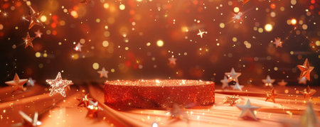 A bold burnt orange display podium surrounded by shiny crystal stars. The stars' shimmering light contrasts beautifully with the warm burnt orange, creating a lively and energetic look.の素材