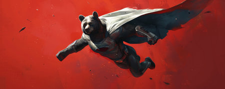 A superhero bear in a silver cape and mask, flying powerfully on a red background. The bear's strong pose and the intense colors highlight the sense of strength.の素材