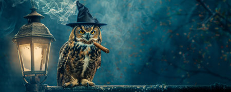 A quirky owl in a wizard hat, perched on a streetlight and smoking a cigar. The owl's magical appearance and the urban street background add a playful touch.の素材