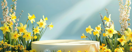 A flower display podium encircled by bright yellow daffodils, their cheerful blooms adding a burst of sunshine to the scene.の素材