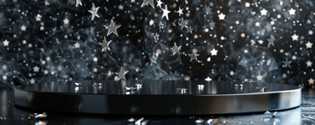 A chic black display podium with shiny crystal stars floating above. The stars' glittering reflections create a striking contrast against the sleek black surface, adding sophistication.の素材