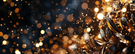 A luxurious 2025 Happy New Year banner with gold foil text, glittering lights, and a sophisticated black background.の素材