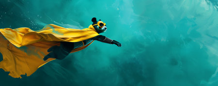 A superhero panda in a yellow cloak and mask, flying gracefully on a teal background. The panda's elegant movement and the cool tones create a serene image.の素材