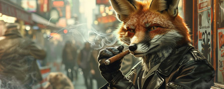 A quirky fox in a leather jacket, sitting on a bench and smoking a cigar on a busy street. The fox's cool demeanor and the urban backdrop add a playful touch.の素材